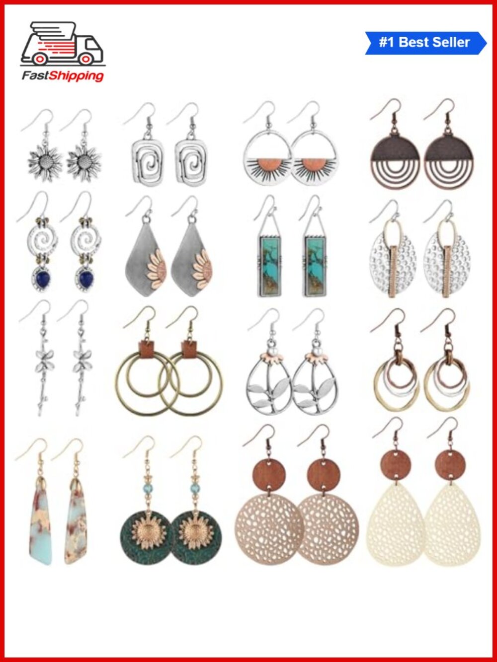 ✨ Funtopia 16 Pairs Boho Dangle Earrings for Women Wood Leather Alloy Drop
